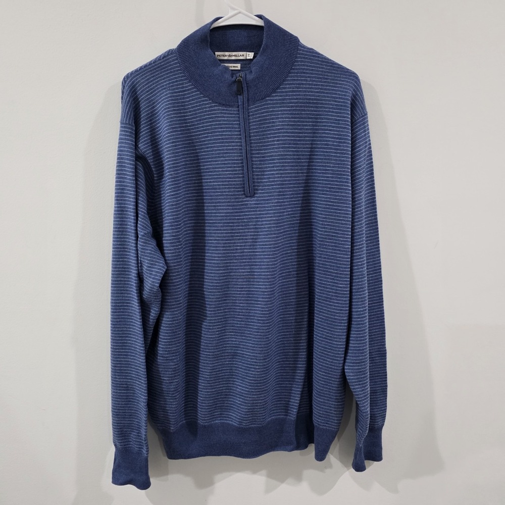 Peter Millar Mens Merino Wool Sweater Size XL 1/4 Zip Striped Golf Cozy Blue